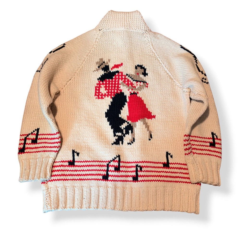 Vintage Cowichan Cardigan Sweater 50s 60s Music Notes Dancing Couple Cream Red L - Picture 6 of 13